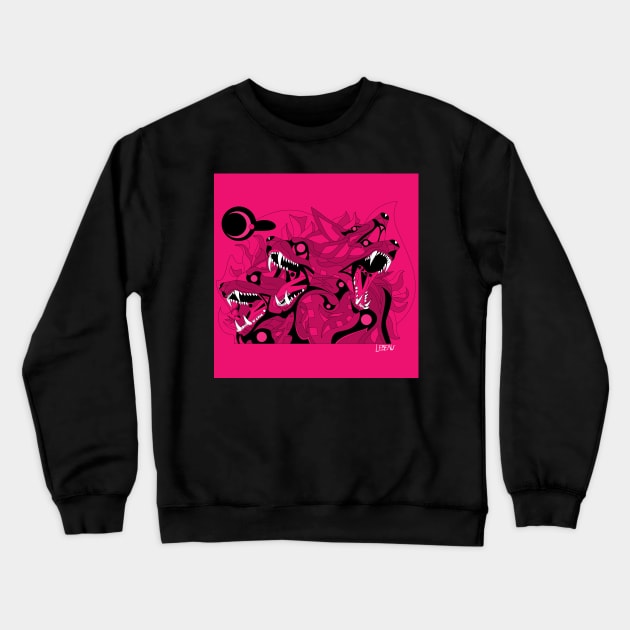 red cadejo hell hound of cerberus dogs ecopop in flames art Crewneck Sweatshirt by jorge_lebeau